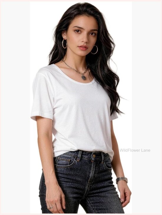 Tops - Washable Silky Acetate Tee Short Sleeve Scoop Neck Relaxed Fit UPF 50 Summer Top